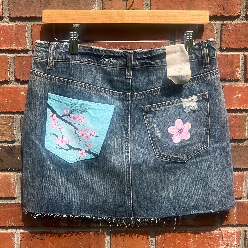 NWT Hand-painted Vanilla Star Denim Mini Skirt with Sakura Design Size 30”